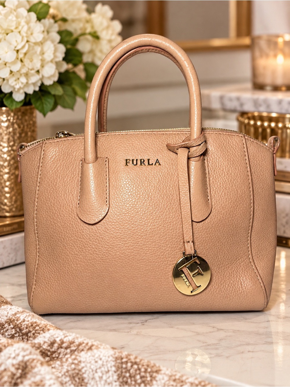 Furla Beige Pebbled Leather Dome Satchel with Gold Charm